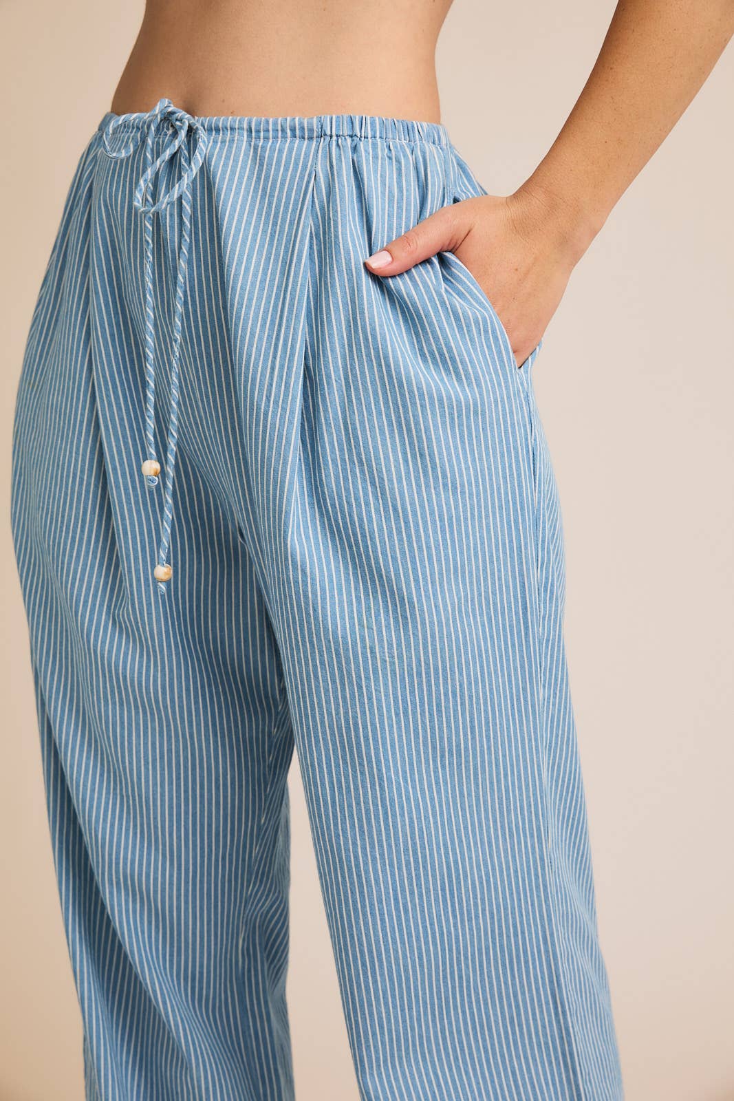 New | Drawstring Cotton Chambray Striped Pants (S-3X)