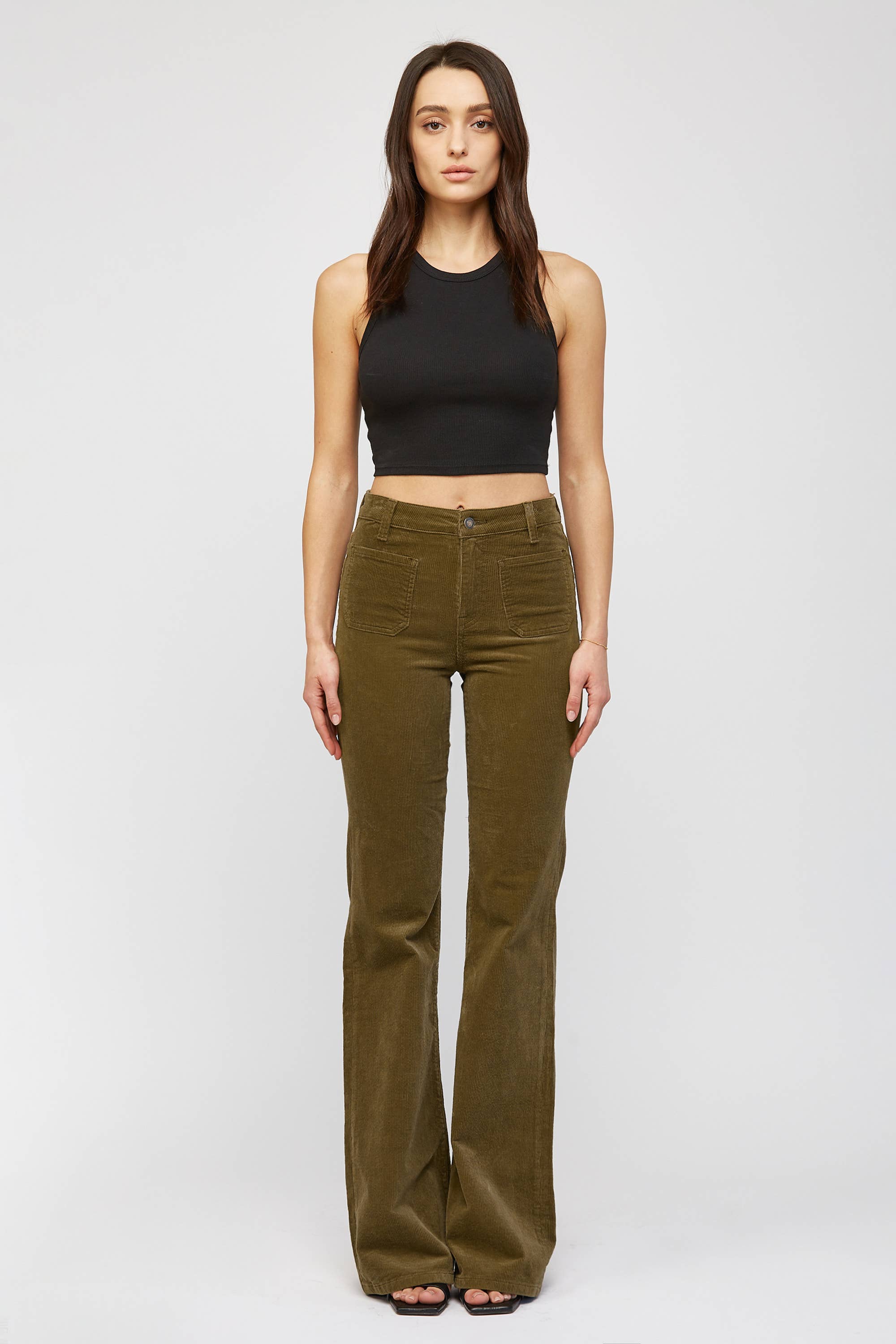Olive High Rise Corduroy Flare