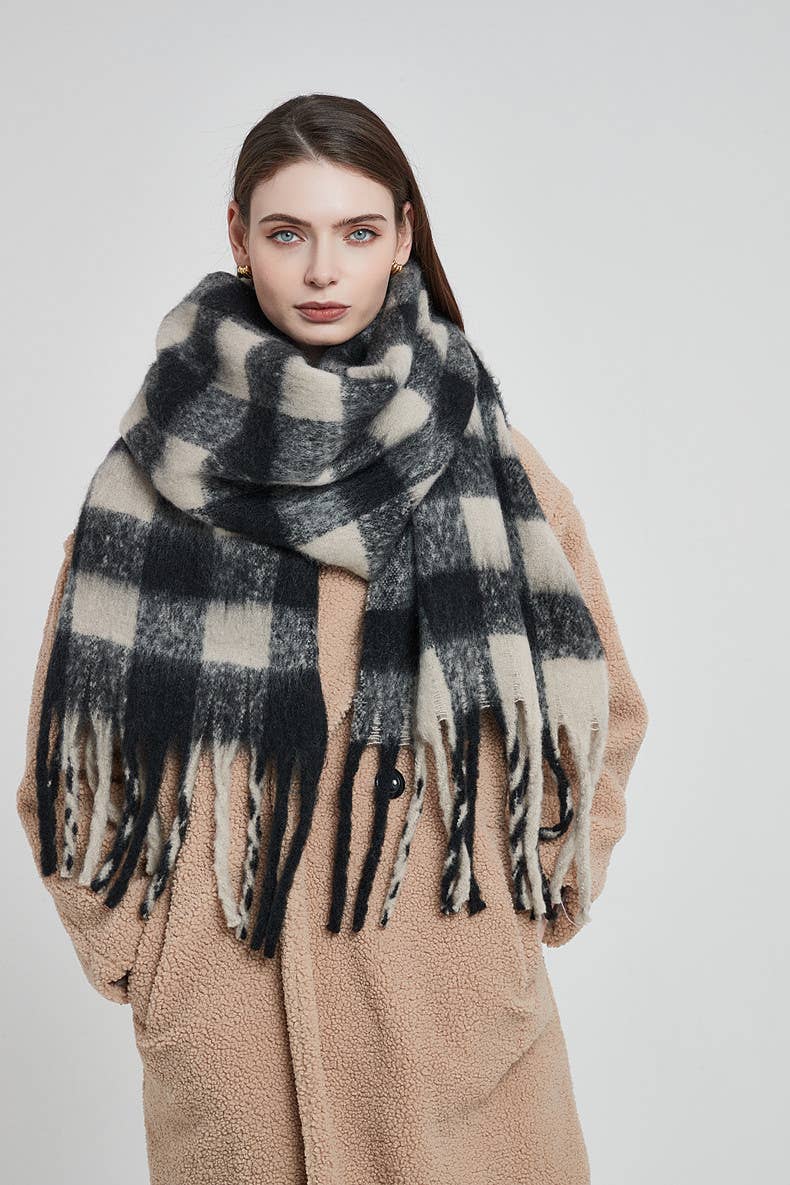 Soft Chunky Gingham Fleece Scarf with Tassel