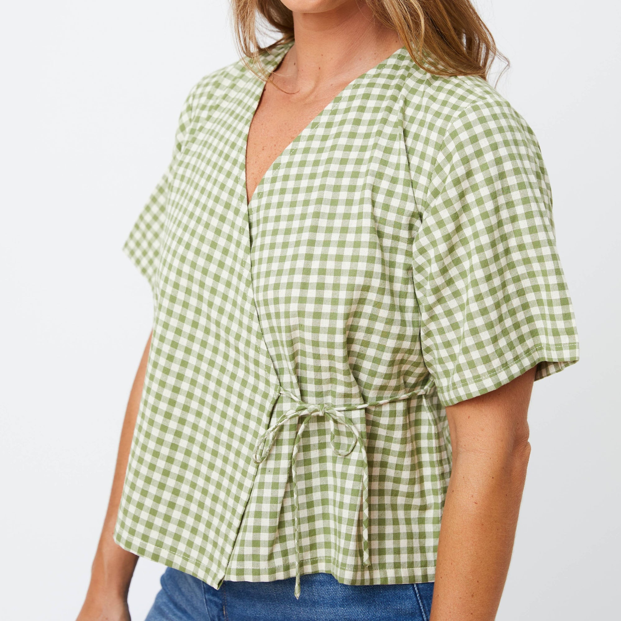 Winona Wrap Top Sage Gingham