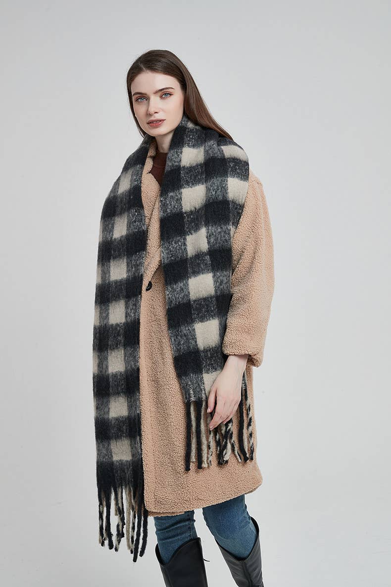 Soft Chunky Gingham Fleece Scarf with Tassel