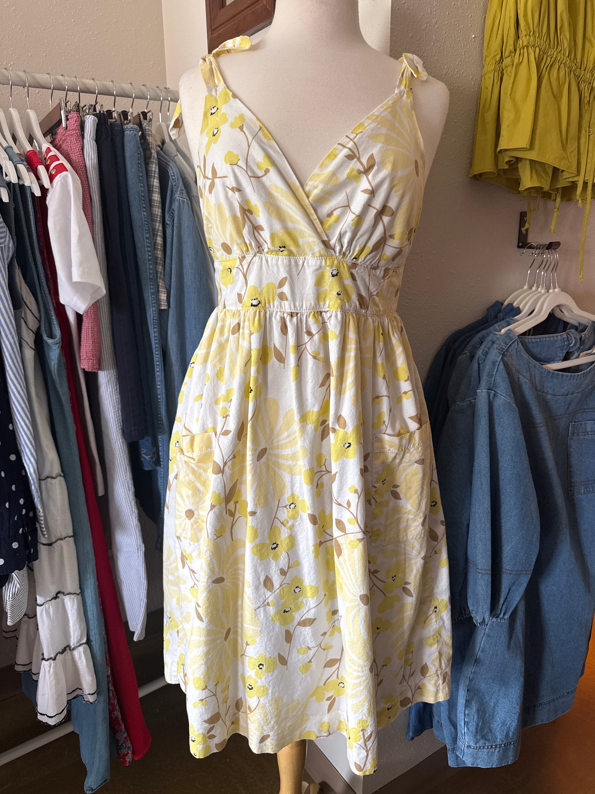 Preloved Yellow Floral Cotton Dress | Size L