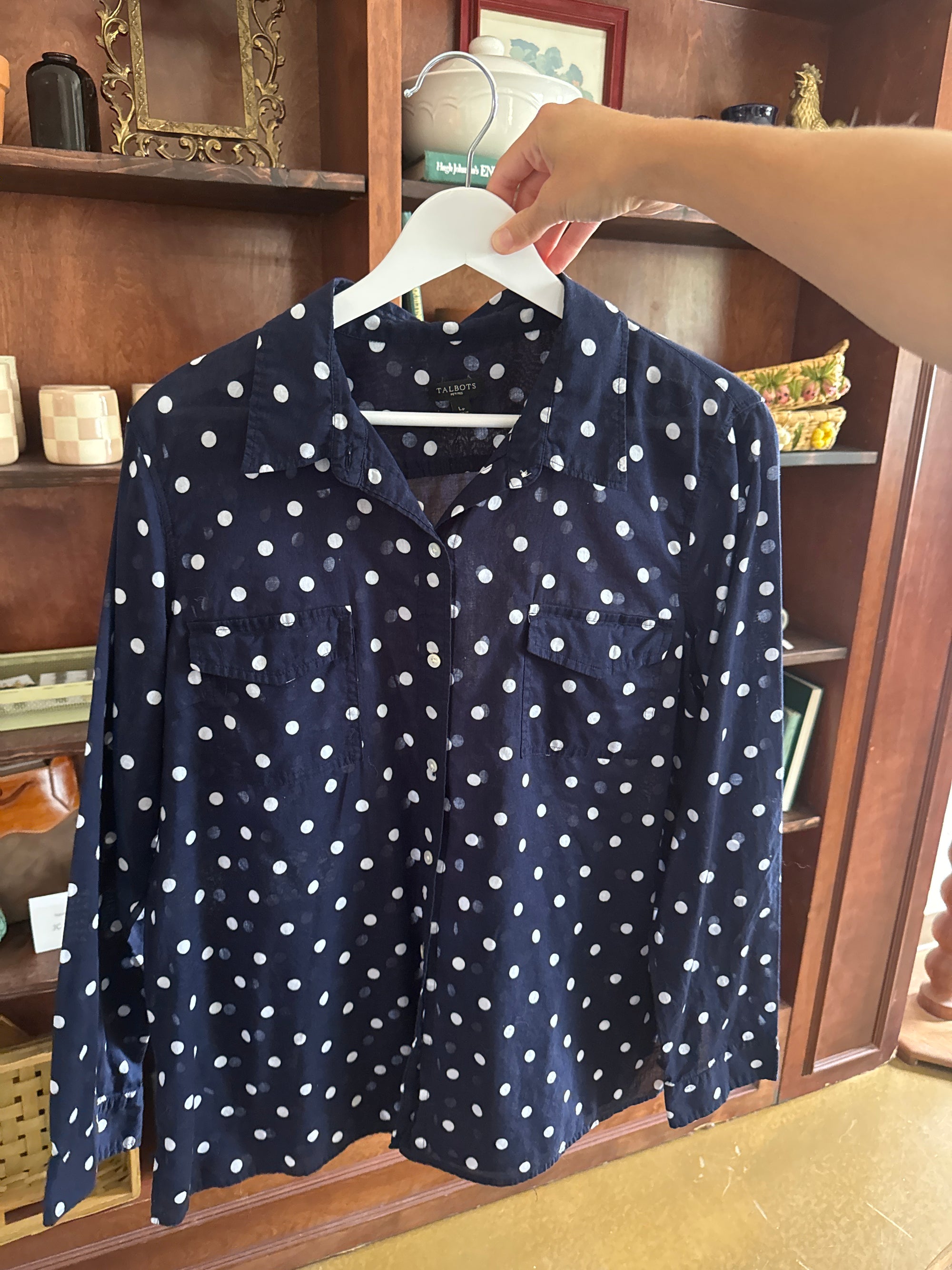 Preloved Cotton Navy Polka Dot Top | Size L